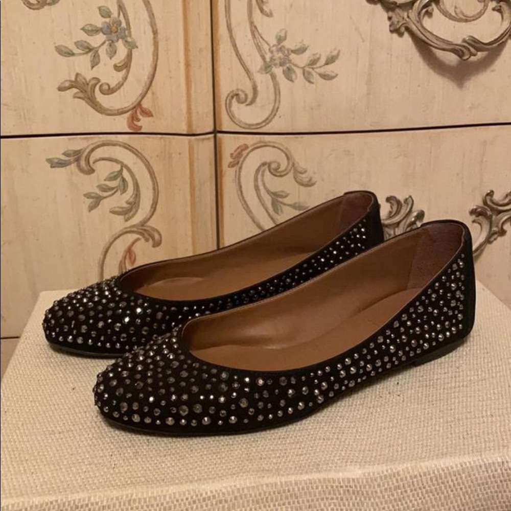 French Sole Black Suede Embellished Ballet Flats